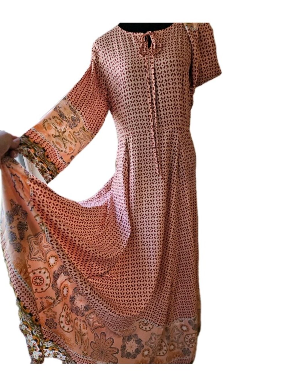 Long Pink Patterned Maxi Dress with Tie Neck